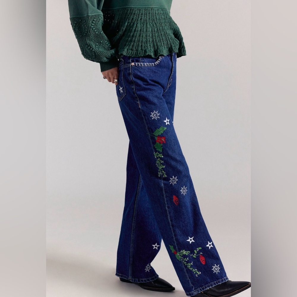 Free People Tricia Fix Mistletoe Embroidered Tinsley Jeans 28